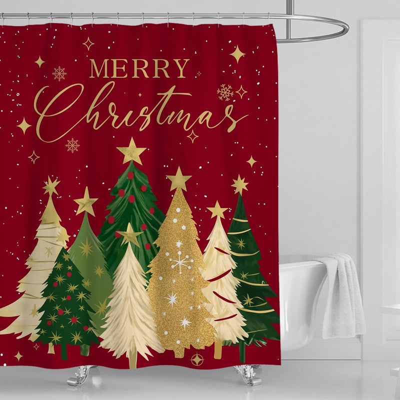 Apear1 4Pcs Merry Christmas Shower Curtain Set Xmas Tree Snowflake Shower Curtain for Christmas Bathroom Decor with Anti-Slip Waterproof Bathtub Bathroom Rugs Toilet Lid Cover (Red) - Image 5